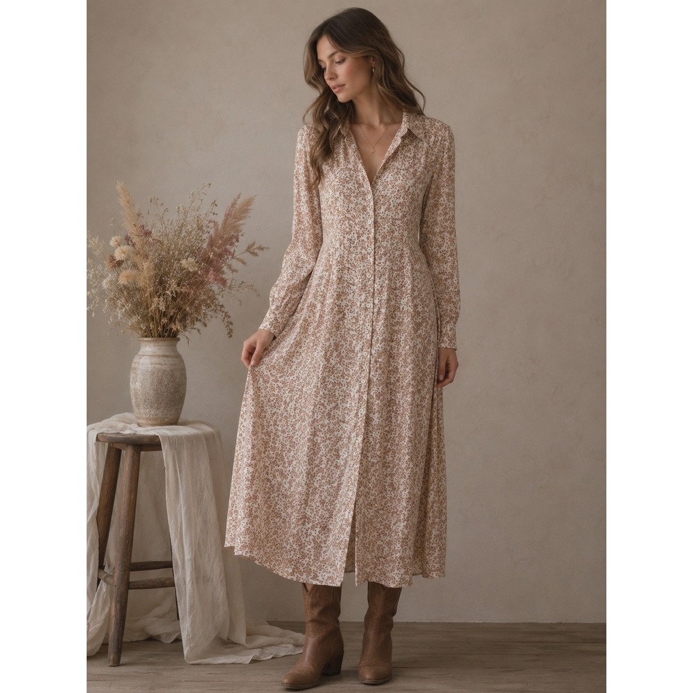 Lucky Brand Mocha Leopard Button Down Maxi Dress NWT Brown Cream M Cottagecore